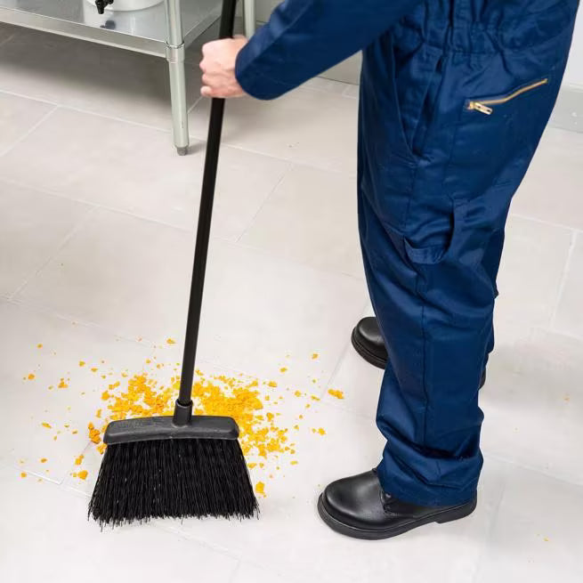 48 Inch Black Duo-Sweep Unflagged Warehouse Broom with a black metal handle, angled brush head and stiff synthetic bristles. Built for heavy duty commercial sweeping and designed to outlast traditional corn brooms.