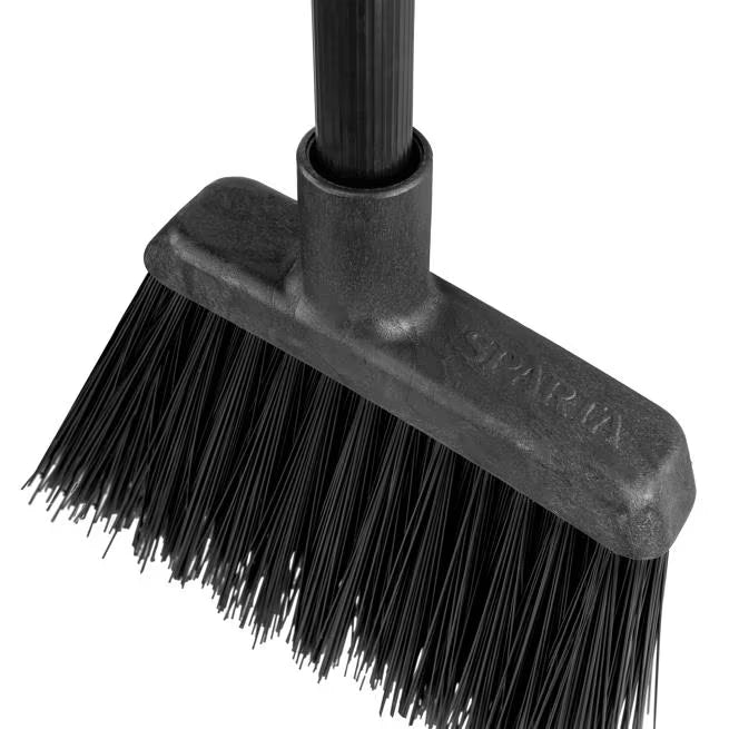 48 Inch Black Duo-Sweep Unflagged Warehouse Broom with a black metal handle, angled brush head and stiff synthetic bristles. Built for heavy duty commercial sweeping and designed to outlast traditional corn brooms.