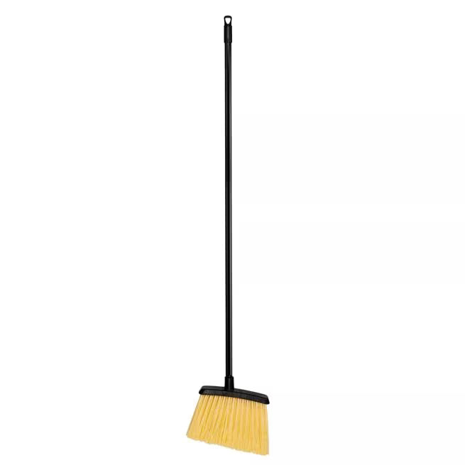 48 Inch Natural Duo-Sweep Unflagged Heavy Duty Angle Broom with a black metal handle and a 12 Inch angled brush head. Designed for heavy duty commercial sweeping in warehouses and other demanding environments.