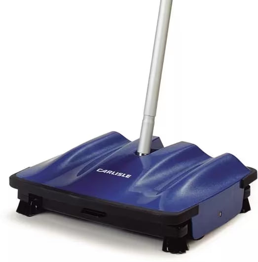 9-1/2 Inch Blue Duo-Sweeper Multi-Surface Floor Sweeper with brushless rubber blades, corner brushes and large capacity dust bins. Cleans carpet, hardwood, vinyl and tile floors without electricity.