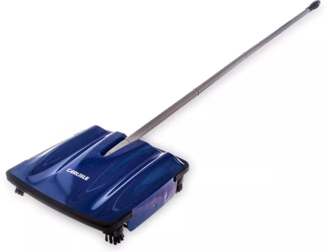 9-1/2 Inch Blue Duo-Sweeper Multi-Surface Floor Sweeper with brushless rubber blades, corner brushes and large capacity dust bins. Cleans carpet, hardwood, vinyl and tile floors without electricity.