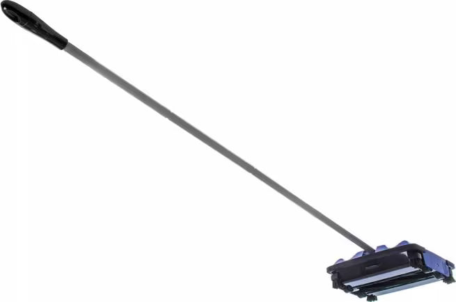 9-1/2 Inch Blue Duo-Sweeper Multi-Surface Floor Sweeper with brushless rubber blades, corner brushes and large capacity dust bins. Cleans carpet, hardwood, vinyl and tile floors without electricity.