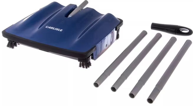 9-1/2 Inch Blue Duo-Sweeper Multi-Surface Floor Sweeper with brushless rubber blades, corner brushes and large capacity dust bins. Cleans carpet, hardwood, vinyl and tile floors without electricity.