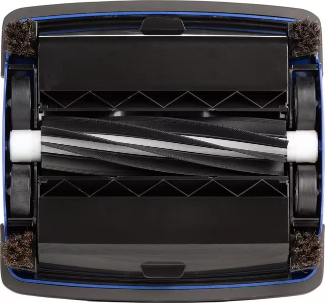 9-1/2 Inch Blue Duo-Sweeper Multi-Surface Floor Sweeper with brushless rubber blades, corner brushes and large capacity dust bins. Cleans carpet, hardwood, vinyl and tile floors without electricity.