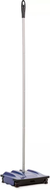 9-1/2 Inch Blue Duo-Sweeper Multi-Surface Floor Sweeper with brushless rubber blades, corner brushes and large capacity dust bins. Cleans carpet, hardwood, vinyl and tile floors without electricity.