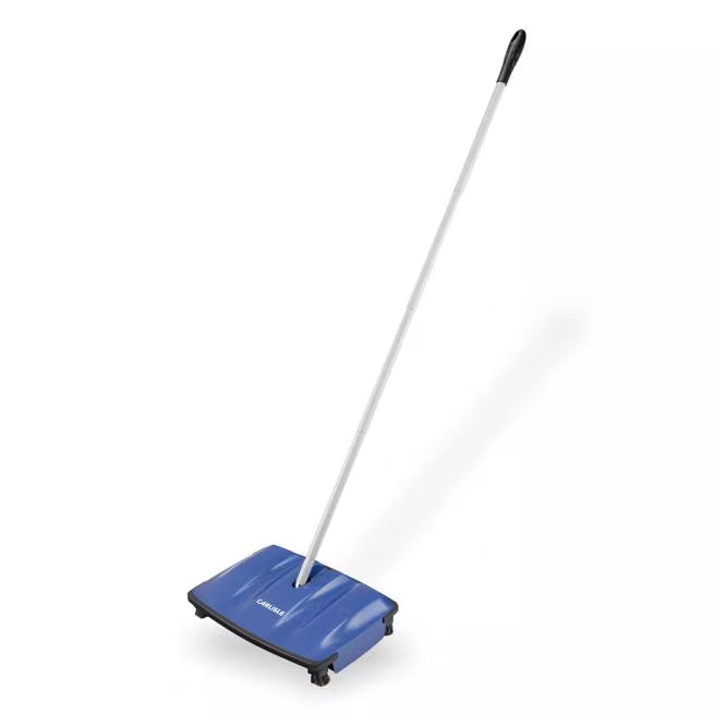 12 Inch Blue Duo-Sweeper Floor Sweeper with an ergonomic swivel handle, low profile design, large capacity dust bins and non-marking wheels. Ideal for efficient commercial floor cleaning without electricity.
