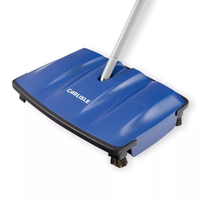 12 Inch Blue Duo-Sweeper Floor Sweeper with an ergonomic swivel handle, low profile design, large capacity dust bins and non-marking wheels. Ideal for efficient commercial floor cleaning without electricity.