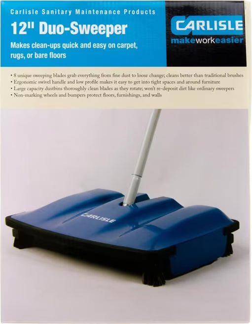 12 Inch Blue Duo-Sweeper Floor Sweeper with an ergonomic swivel handle, low profile design, large capacity dust bins and non-marking wheels. Ideal for efficient commercial floor cleaning without electricity.
