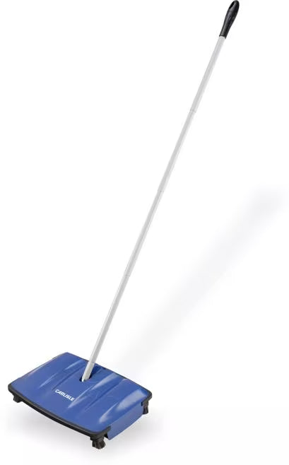 12 Inch Blue Duo-Sweeper Floor Sweeper with an ergonomic swivel handle, low profile design, large capacity dust bins and non-marking wheels. Ideal for efficient commercial floor cleaning without electricity.