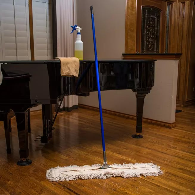 60 Inch Blue Flo-Pac Dust Mop Handle with a vinyl coated metal construction, flexible polyurethane connector and 360 degree swivel action. Designed for efficient commercial floor cleaning.