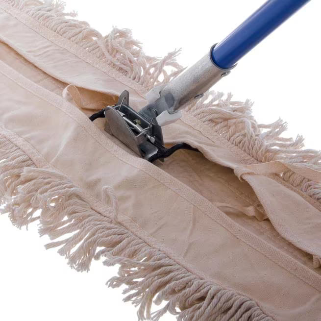 60 Inch Blue Flo-Pac Dust Mop Handle with a vinyl coated metal construction, flexible polyurethane connector and 360 degree swivel action. Designed for efficient commercial floor cleaning.