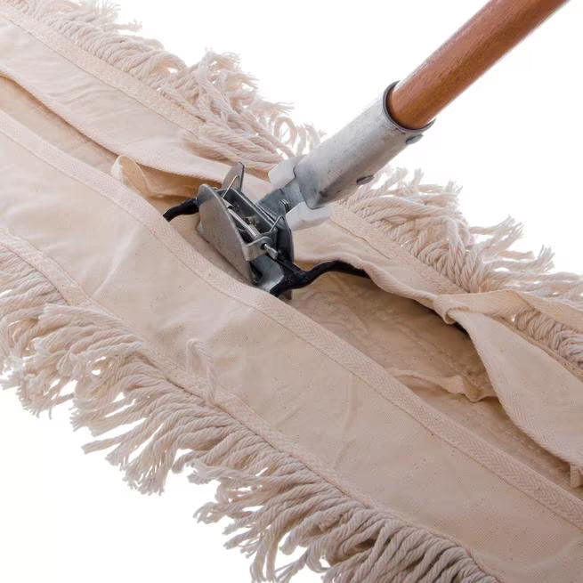 60 Inch Tan Dust Mop Handle with a flexible polyurethane connector, clip-on attachment and 360 degree swivel action. Designed for efficient commercial floor cleaning and compatible with most dust mop frames.