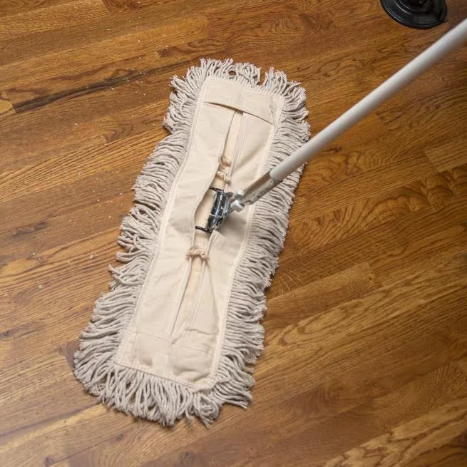 24 x 5 Inch Natural Tie Back Dust Mop made from durable cotton with a full tie back design for secure attachment to compatible mop frames. Ideal for economical commercial dust mopping.