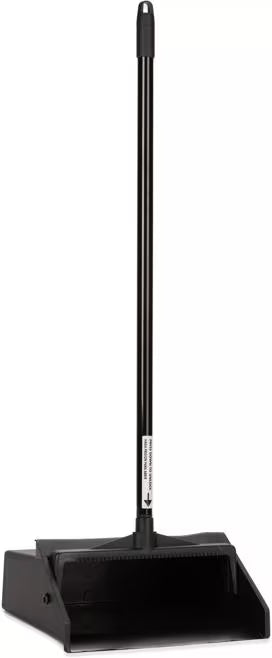 30 Inch Black Duo-Pan Upright Dust Pan with a pivoting design, serrated yoke, low-profile edge and locking pan for efficient, spill-free commercial debris collection.