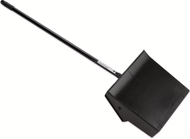 30 Inch Black Duo-Pan Upright Dust Pan with a pivoting design, serrated yoke, low-profile edge and locking pan for efficient, spill-free commercial debris collection.