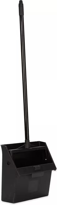30 Inch Black Duo-Pan Upright Dust Pan with a pivoting design, serrated yoke, low-profile edge and locking pan for efficient, spill-free commercial debris collection.