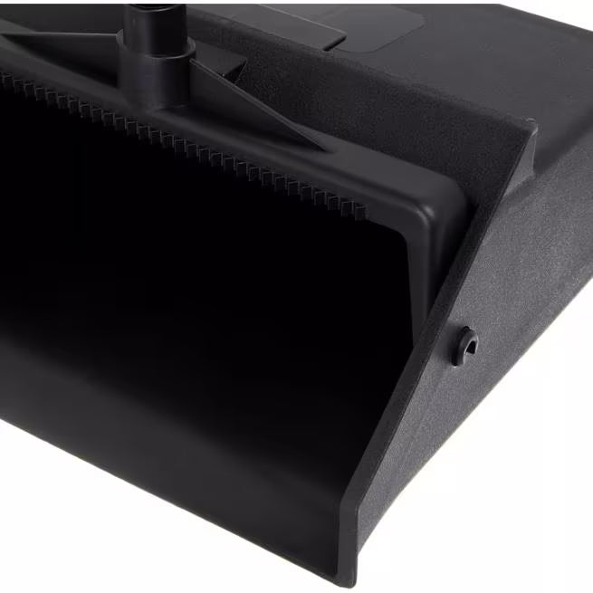 Black Duo-Pan Upright Dust Pan with a pivoting design, serrated yoke, low-profile edge and locking pan for efficient, spill-free debris collection in commercial cleaning environments.