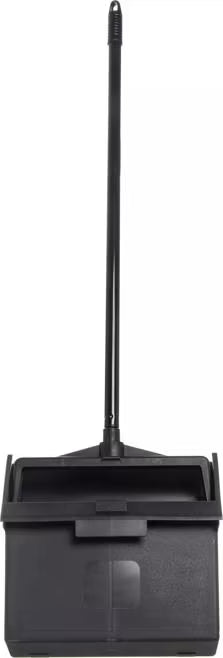 Black Duo-Pan Upright Dust Pan with a pivoting design, serrated yoke, low-profile edge and locking pan for efficient, spill-free debris collection in commercial cleaning environments.