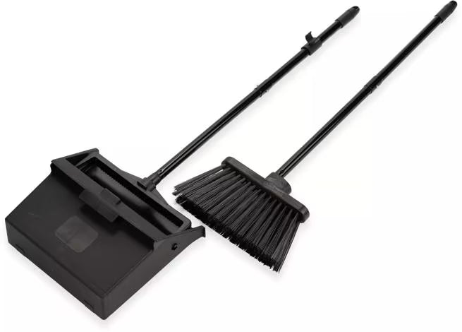 36 Inch Black Duo-Pan Upright Dust Pan and Broom Set with a pivoting dust pan, flared broom, serrated yoke, locking pan and detachable handles for efficient commercial cleaning.