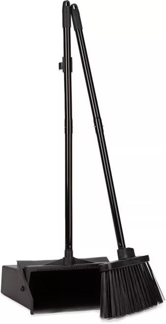 36 Inch Black Duo-Pan Upright Dust Pan and Broom Set with a pivoting dust pan, flared broom, serrated yoke, locking pan and detachable handles for efficient commercial cleaning.