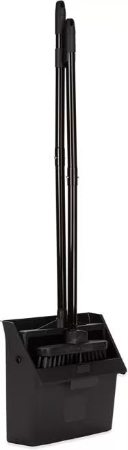 36 Inch Black Duo-Pan Upright Dust Pan and Broom Set with a pivoting dust pan, flared broom, serrated yoke, locking pan and detachable handles for efficient commercial cleaning.