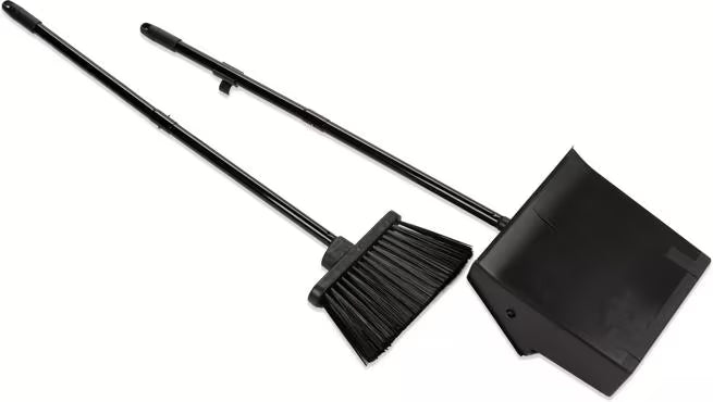 36 Inch Black Duo-Pan Upright Dust Pan and Broom Set with a pivoting dust pan, flared broom, serrated yoke, locking pan and detachable handles for efficient commercial cleaning.
