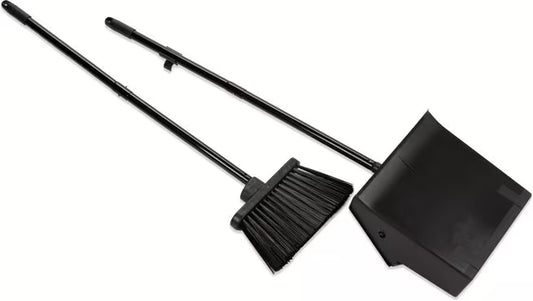 36 Inch Black Duo-Pan Upright Dust Pan and Broom Set with a pivoting dust pan, flared broom, serrated yoke, locking pan and detachable handles for efficient commercial cleaning.