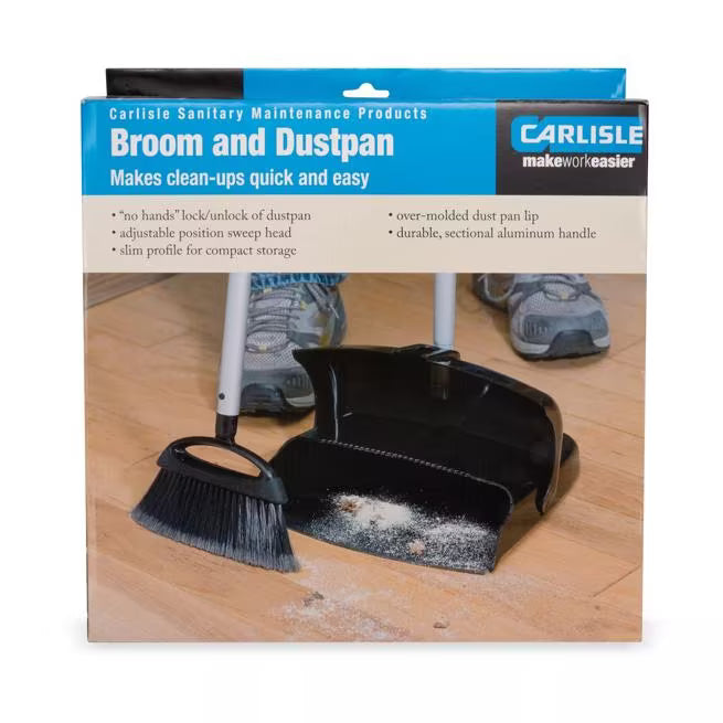 Black Duo-Pan Upright Dust Pan and Broom Set with a space-saving nesting design, adjustable broom head, low-profile dust pan edge and frayed bristles for efficient commercial cleaning.