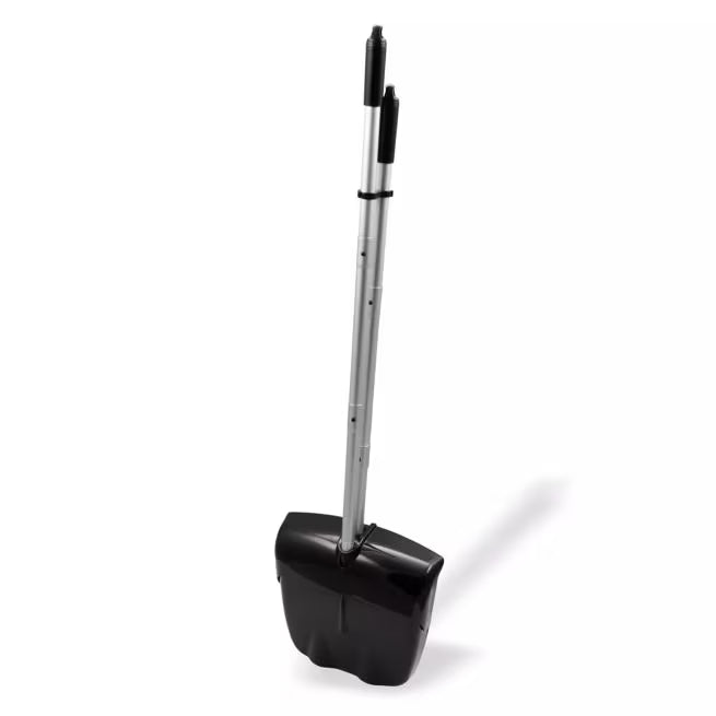 Black Duo-Pan Upright Dust Pan and Broom Set with a space-saving nesting design, adjustable broom head, low-profile dust pan edge and frayed bristles for efficient commercial cleaning.
