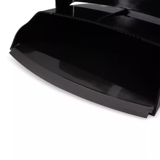 Black Duo-Pan Upright Dust Pan and Broom Set with a space-saving nesting design, adjustable broom head, low-profile dust pan edge and frayed bristles for efficient commercial cleaning.
