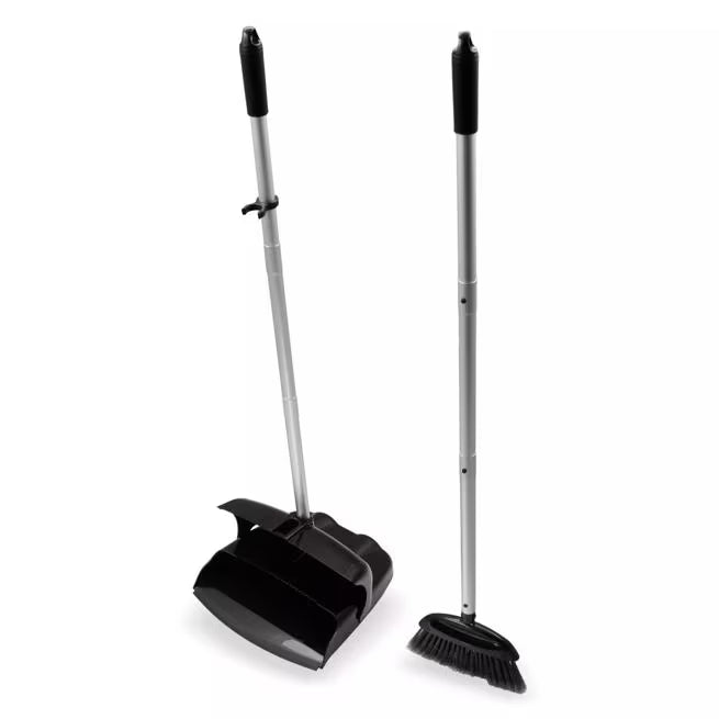 Black Duo-Pan Upright Dust Pan and Broom Set with a space-saving nesting design, adjustable broom head, low-profile dust pan edge and frayed bristles for efficient commercial cleaning.