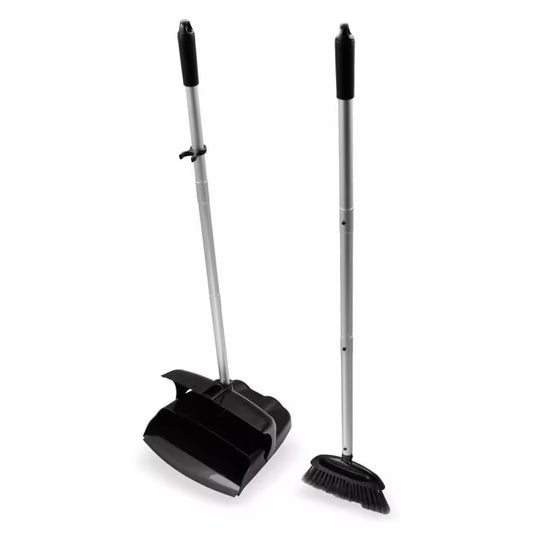 Black Duo-Pan Upright Dust Pan and Broom Set with a space-saving nesting design, adjustable broom head, low-profile dust pan edge and frayed bristles for efficient commercial cleaning.