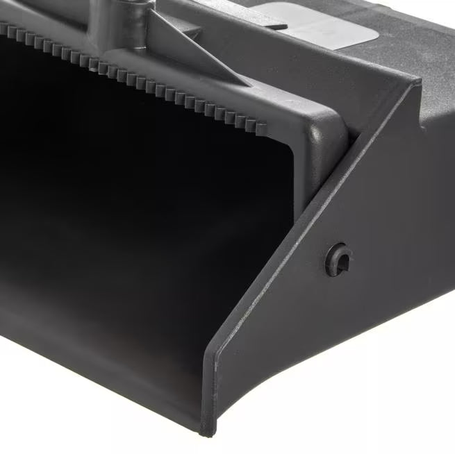 Black Lobby Dust Pan with a 30 Inch two-piece handle, serrated comb edge and hanging hole for efficient commercial debris collection. Compatible with Carlisle lobby dust brooms and Duo-Pan systems.