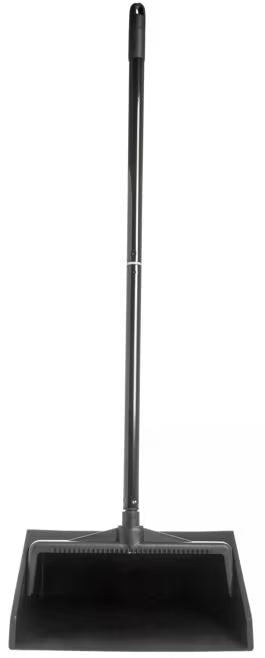 Black Lobby Dust Pan with a 30 Inch two-piece handle, serrated comb edge and hanging hole for efficient commercial debris collection. Compatible with Carlisle lobby dust brooms and Duo-Pan systems.