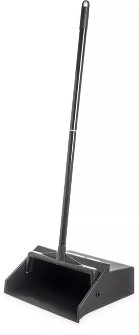 Black Lobby Dust Pan with a 30 Inch two-piece handle, serrated comb edge and hanging hole for efficient commercial debris collection. Compatible with Carlisle lobby dust brooms and Duo-Pan systems.