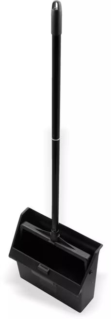 Black Lobby Dust Pan with a 30 Inch two-piece handle, serrated comb edge and hanging hole for efficient commercial debris collection. Compatible with Carlisle lobby dust brooms and Duo-Pan systems.