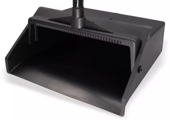 Black Lobby Dust Pan with a 30 Inch two-piece handle, serrated comb edge and hanging hole for efficient commercial debris collection. Compatible with Carlisle lobby dust brooms and Duo-Pan systems.