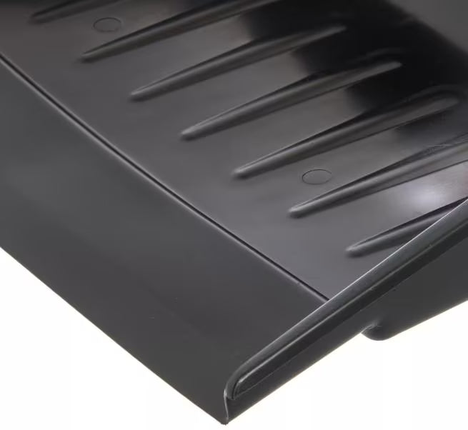 12 x 8 Inch Black Flo-Pac Flexible Plastic Dustpan with a durable construction, comfortable finger grip handle and threaded handle compatibility for commercial floor cleaning.