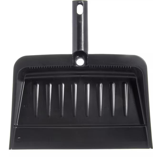 12 x 8 Inch Black Flo-Pac Flexible Plastic Dustpan with a durable construction, comfortable finger grip handle and threaded handle compatibility for commercial floor cleaning.