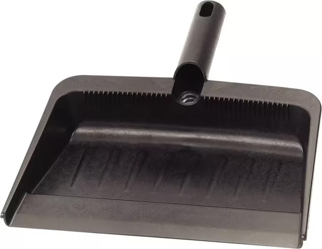 12 x 8 Inch Black Flo-Pac Flexible Plastic Dustpan with a durable construction, comfortable finger grip handle and threaded handle compatibility for commercial floor cleaning.