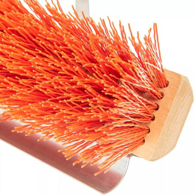 24 Inch Orange Flo-Pac Polypropylene Floor Sweep with a steel scraper blade for removing caked-on debris. Includes handle, brace and handle connection for heavy duty commercial and industrial cleaning.