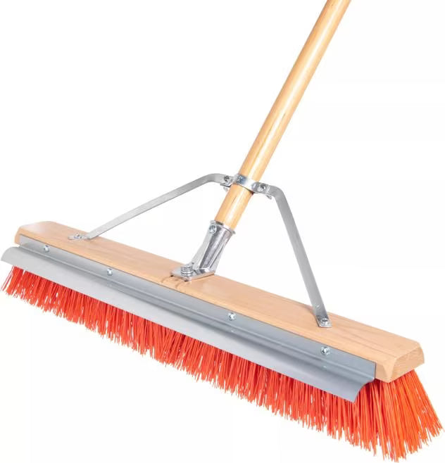 24 Inch Orange Flo-Pac Polypropylene Floor Sweep with a steel scraper blade for removing caked-on debris. Includes handle, brace and handle connection for heavy duty commercial and industrial cleaning.