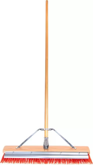 24 Inch Orange Flo-Pac Polypropylene Floor Sweep with a steel scraper blade for removing caked-on debris. Includes handle, brace and handle connection for heavy duty commercial and industrial cleaning.