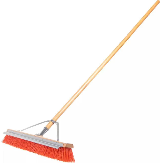24 Inch Orange Flo-Pac Polypropylene Floor Sweep with a steel scraper blade for removing caked-on debris. Includes handle, brace and handle connection for heavy duty commercial and industrial cleaning.