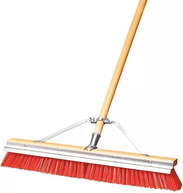 24 Inch Orange Flo-Pac Polypropylene Floor Sweep with a steel scraper blade for removing caked-on debris. Includes handle, brace and handle connection for heavy duty commercial and industrial cleaning.