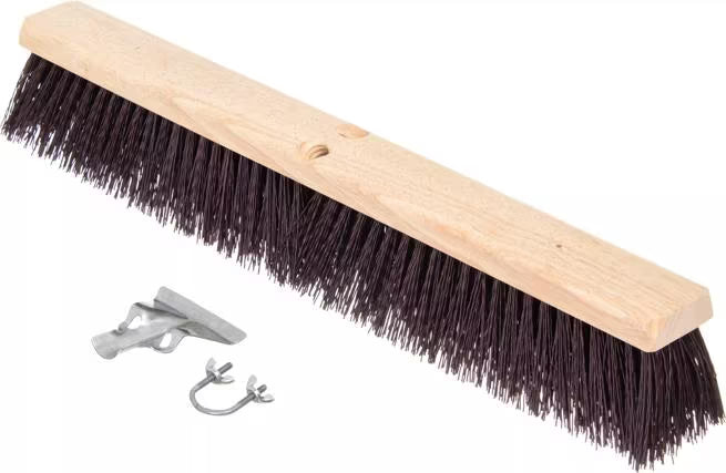 Shop the Flo-Pac 24 Inch Maroon Crimped Polypropylene Sweep with Brace featuring durable crimped polypropylene and natural Palmyra bristles. Ideal for sidewalks, parking lots, construction sites and heavy-duty industrial cleaning.