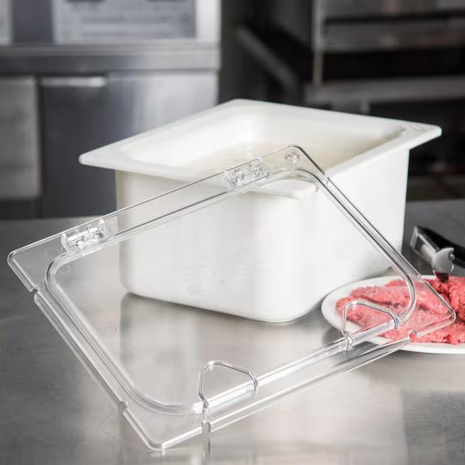 Shop the Coldmaster EZ Access Lid Half Size with a clear polycarbonate design and convenient hinged snap-on construction. Ideal for protecting food while providing quick access in commercial foodservice.