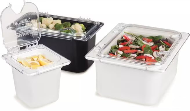 Shop the Coldmaster EZ Access Lid with Notches Half Size featuring a clear polycarbonate design, hinged snap-on construction and multiple utensil notches for convenient commercial foodservice use.