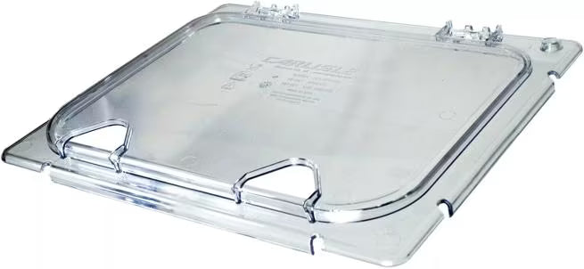 Shop the Coldmaster EZ Access Lid with Notches Half Size featuring a clear polycarbonate design, hinged snap-on construction and multiple utensil notches for convenient commercial foodservice use.
