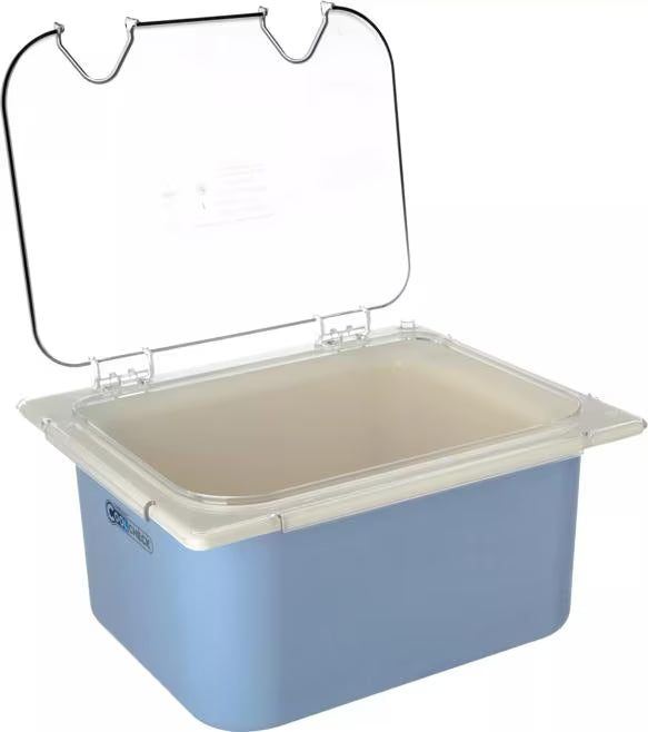 Shop the Coldmaster EZ Access Lid with Notches Half Size featuring a clear polycarbonate design, hinged snap-on construction and multiple utensil notches for convenient commercial foodservice use.